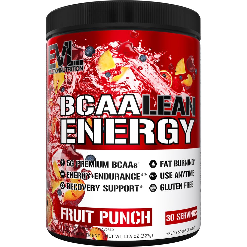 EVL BCAA Lean Energy Powder Fruit Punch tub showing the product and bottle label for energy and recovery use