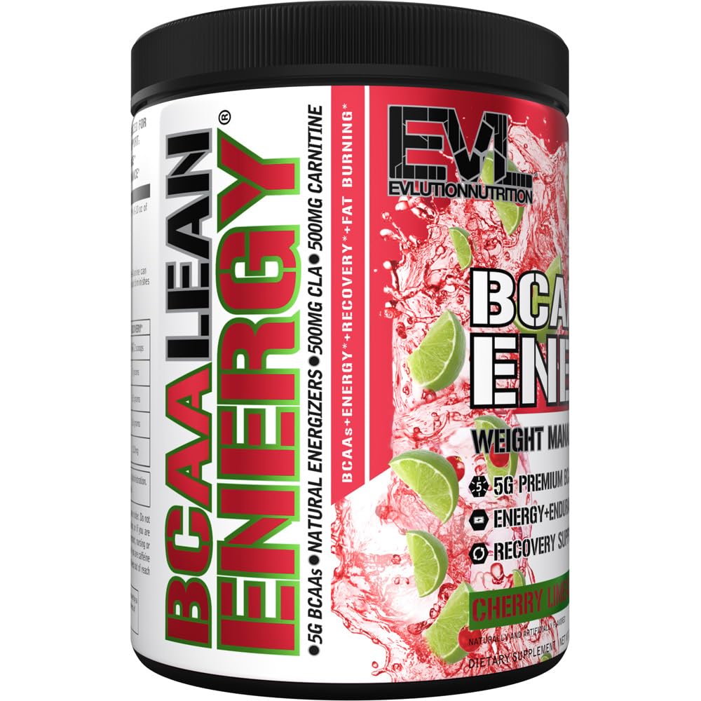 EVL BCAA Lean Energy Powder packaging on a gym bench emphasizing fat loss support.