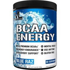 EVL BCAAs energy powder tub close-up showing Blue Raz flavor for pre-workout energy.
