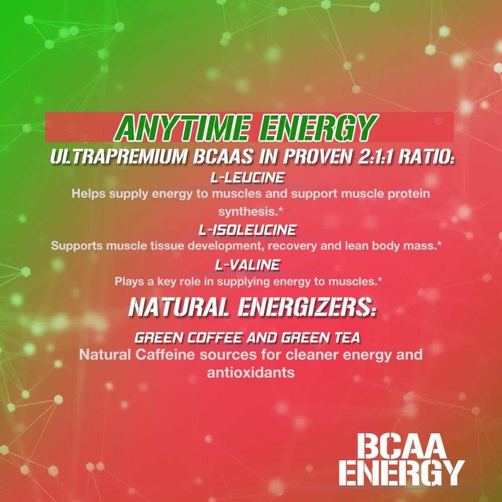 EVL BCAA ingredients label showing taurine and green tea for natural caffeine