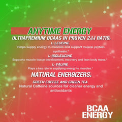 EVL BCAA ingredients label showing taurine and green tea for natural caffeine