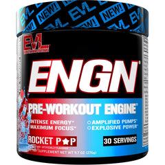 EVL ENGN pre-workout tub label shows a focused energy blend for workouts.