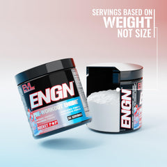 EVL ENGN powder being poured reveals a smooth, quick-mixing energy drink.