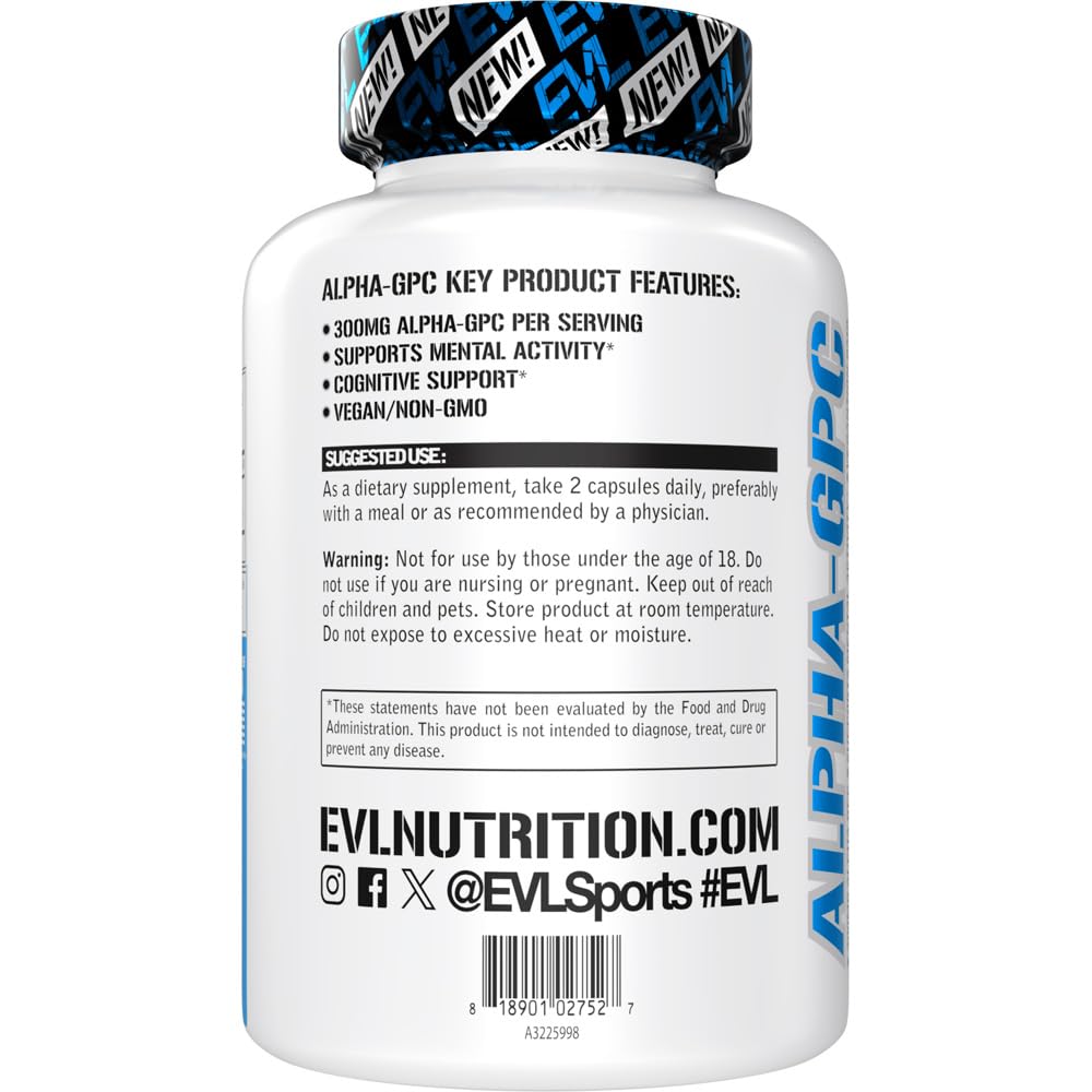 EVL Alpha GPC capsules closeup suggests daily focus and mental clarity.