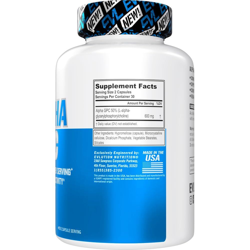 EVL Nutrition Alpha GPC packaging detail shows vegan, non-GMO formula.