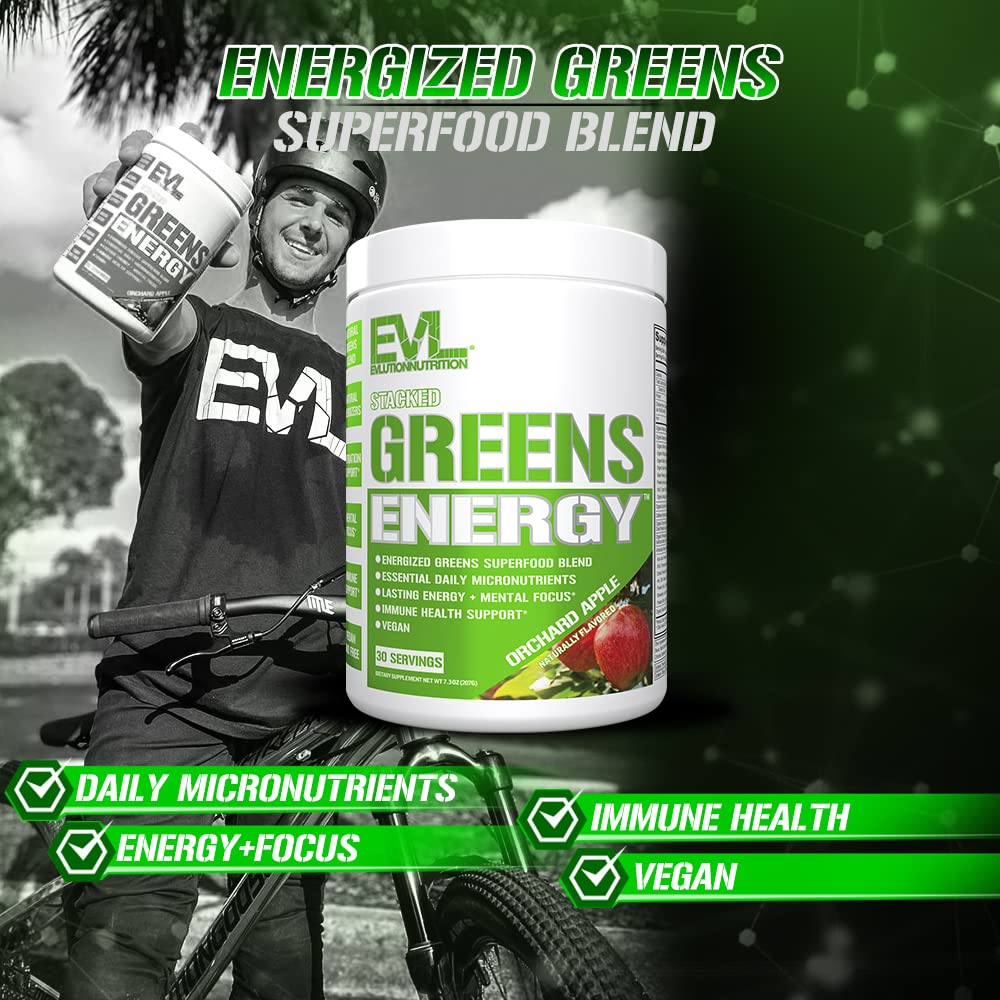 EVL Super Greens berries and greens blend with visible fruits for antioxidant-rich flavor.