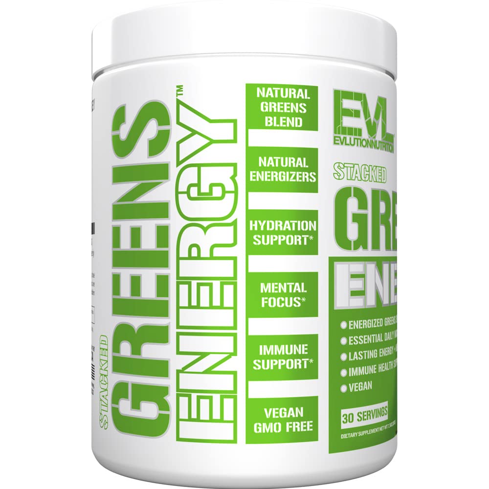 EVL Super Greens ingredients panel features diverse superfoods for daily wellness.