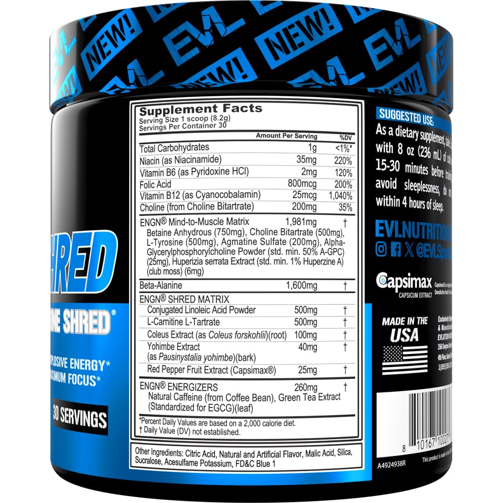 EVL ENGN Shred Blue Raz jar label emphasizing focus and fat-burn support