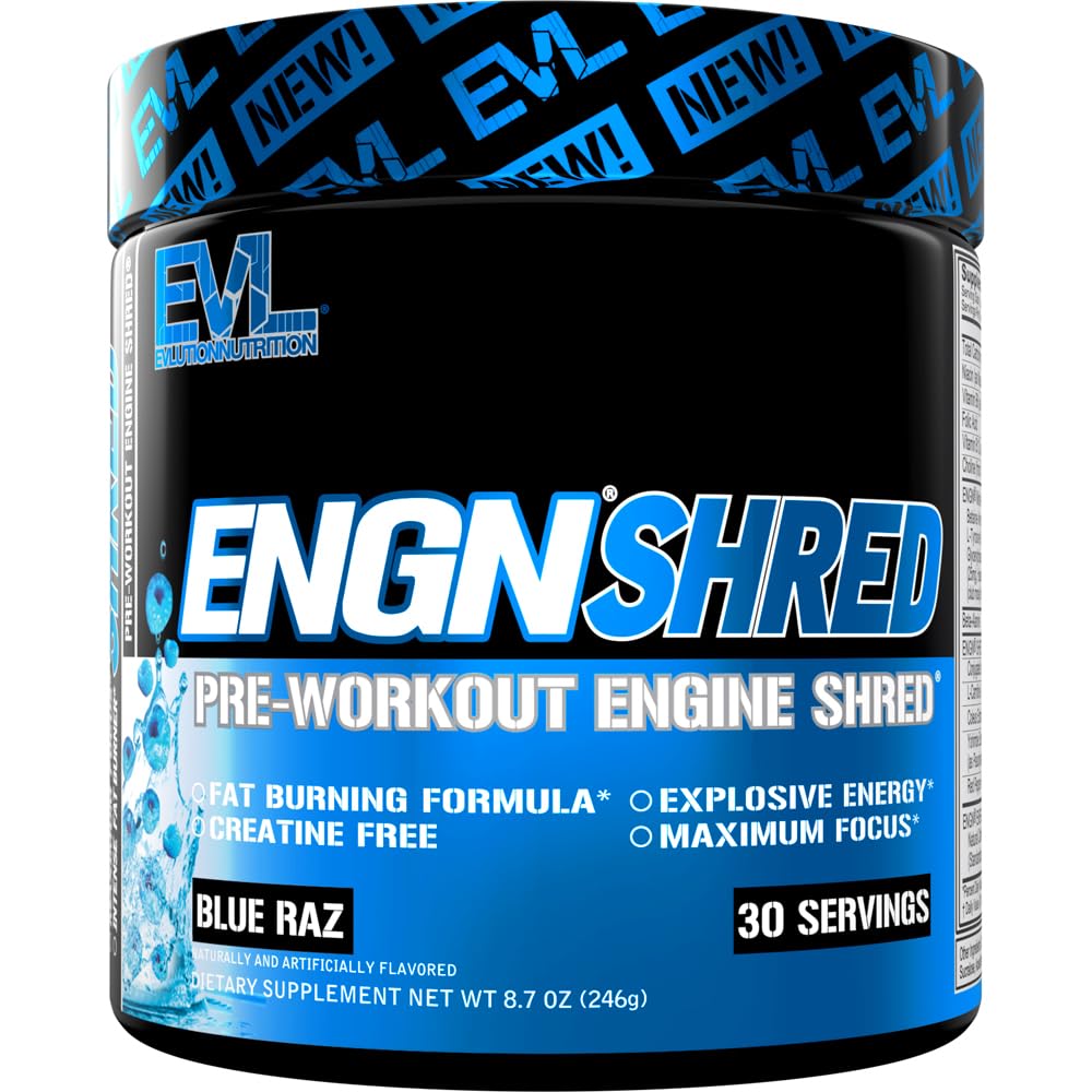 EVL Ultimate Pre Workout Blue Raz scoop close-up highlighting energizing blend