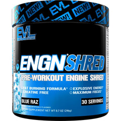 EVL Ultimate Pre Workout Blue Raz scoop close-up highlighting energizing blend
