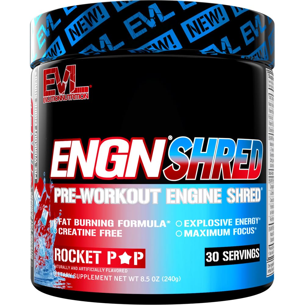 EVL Ultimate Pre Workout ENGN Shred Rocket Pop tub for sustained energy and focus.