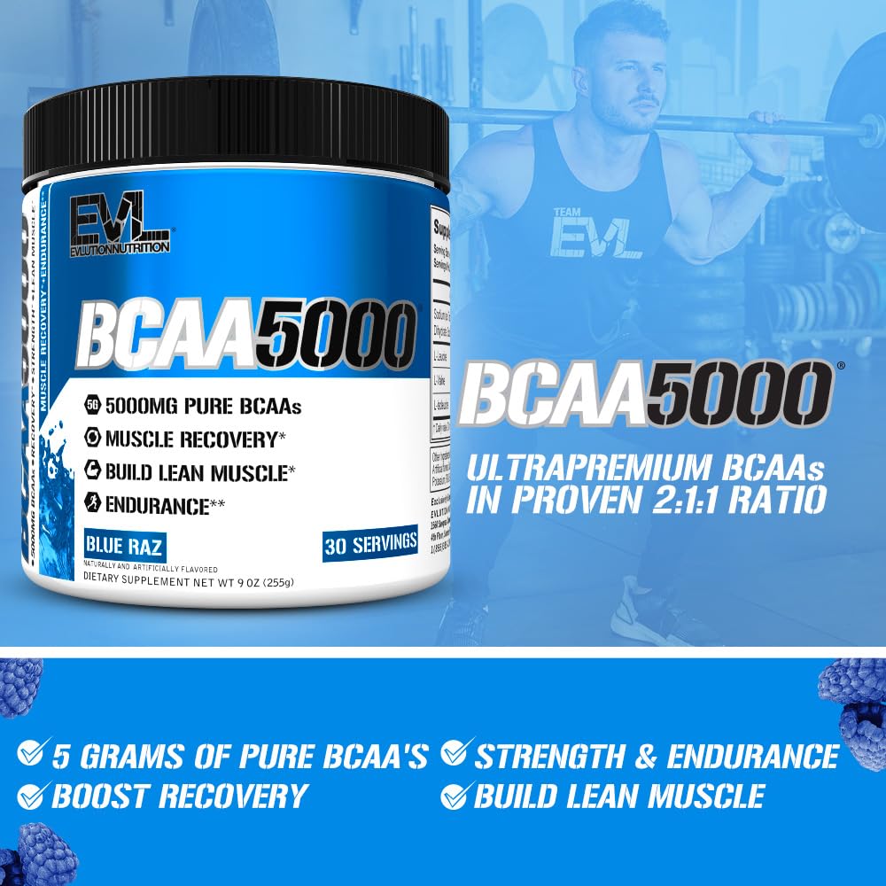 Evlution BCAA Powder Blue Raz label close-up showing 5g BCAAs