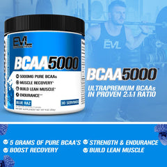 Evlution BCAA Powder Blue Raz label close-up showing 5g BCAAs