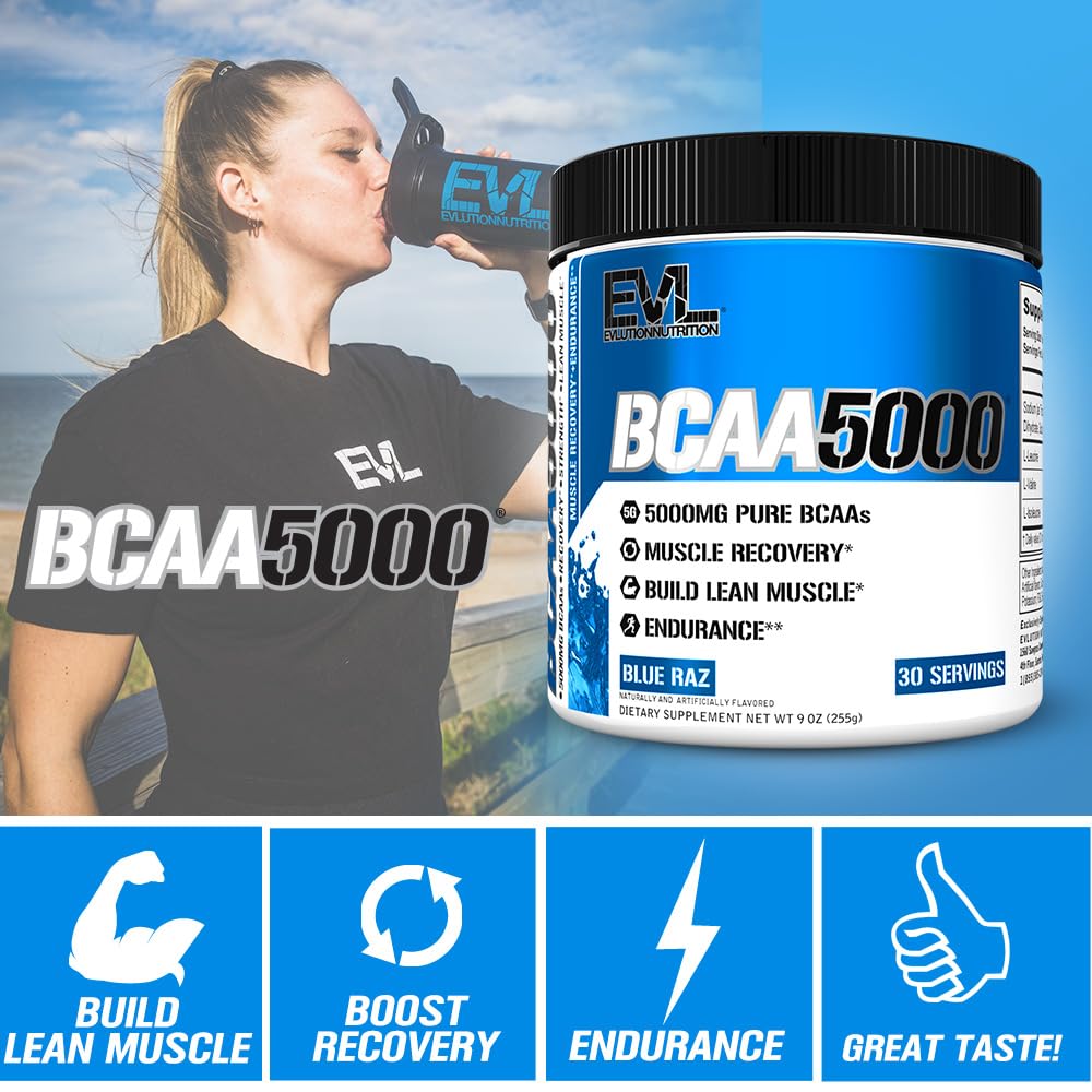 Scoop of Evlution BCAA Powder Blue Raz stirred into a pre-workout drink