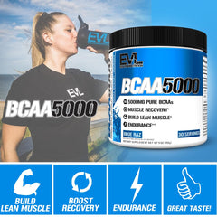 Scoop of Evlution BCAA Powder Blue Raz stirred into a pre-workout drink