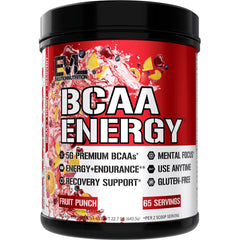 EVL BCAAs tub front showing Fruit Punch flavor for pre-workout energy