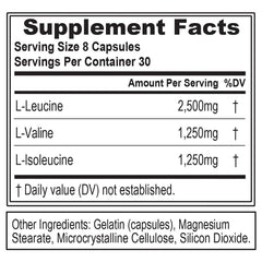 EVL BCAA5000 bottle with branding emphasizing recovery and lean muscle goals.