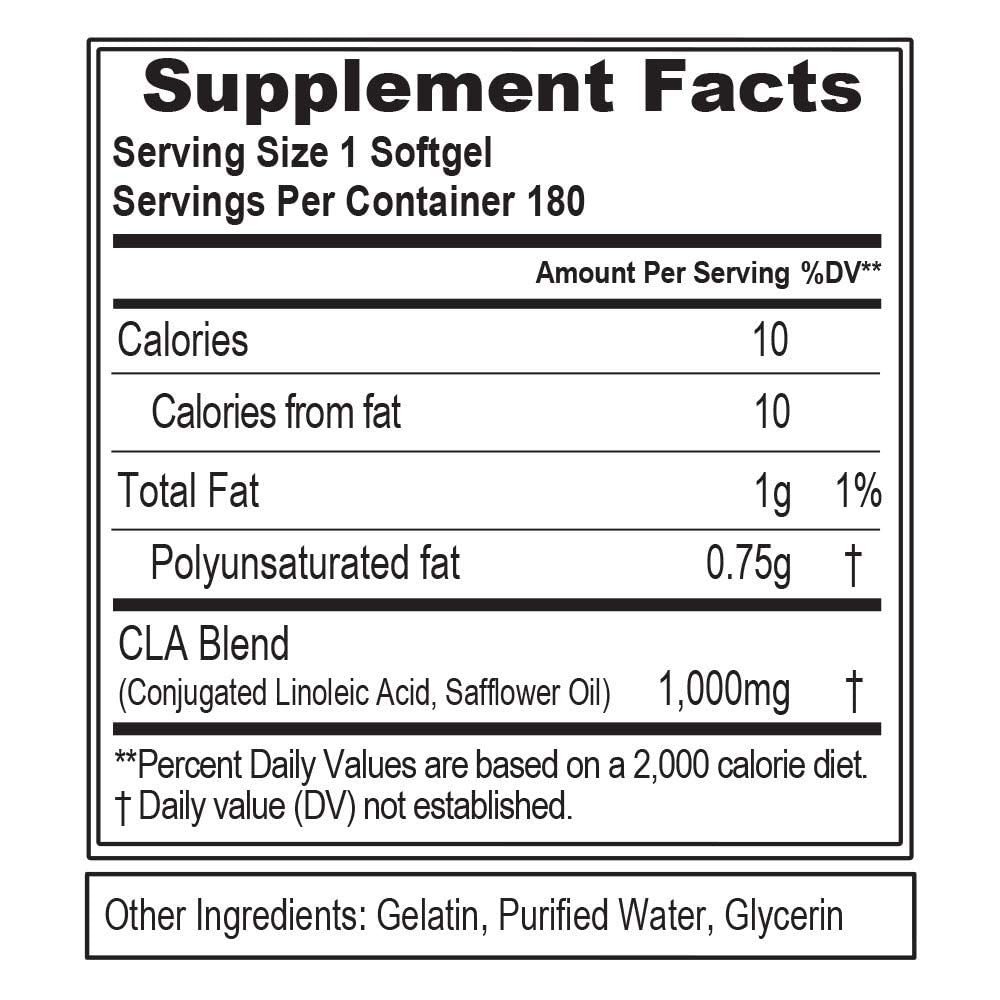 EVLUTION CLA 1000mg bottle side view highlights ingredients and dosage