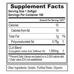 EVLUTION CLA 1000mg bottle side view highlights ingredients and dosage