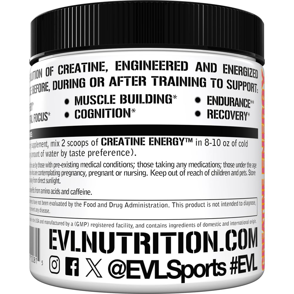 Front label of Evlution Creatine Energy notes flavor and caffeine.