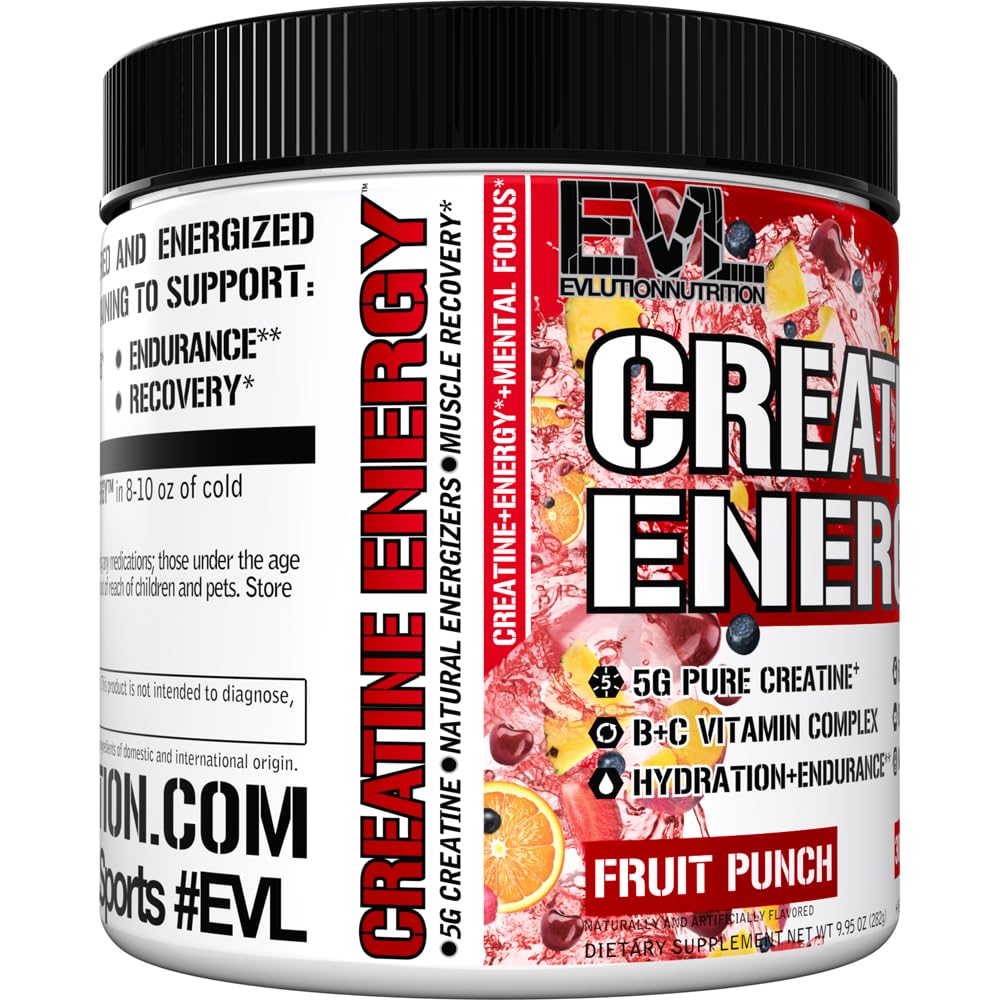 EVL Creatine Energy fruit punch packaging emphasizing flavor and usability