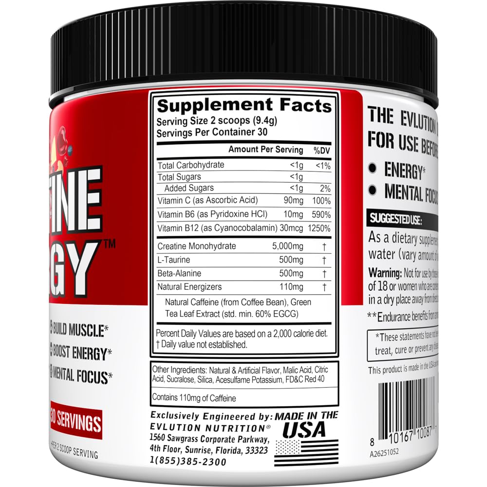 EVL Creatine Energy label closeup highlighting 5g creatine and vitamins