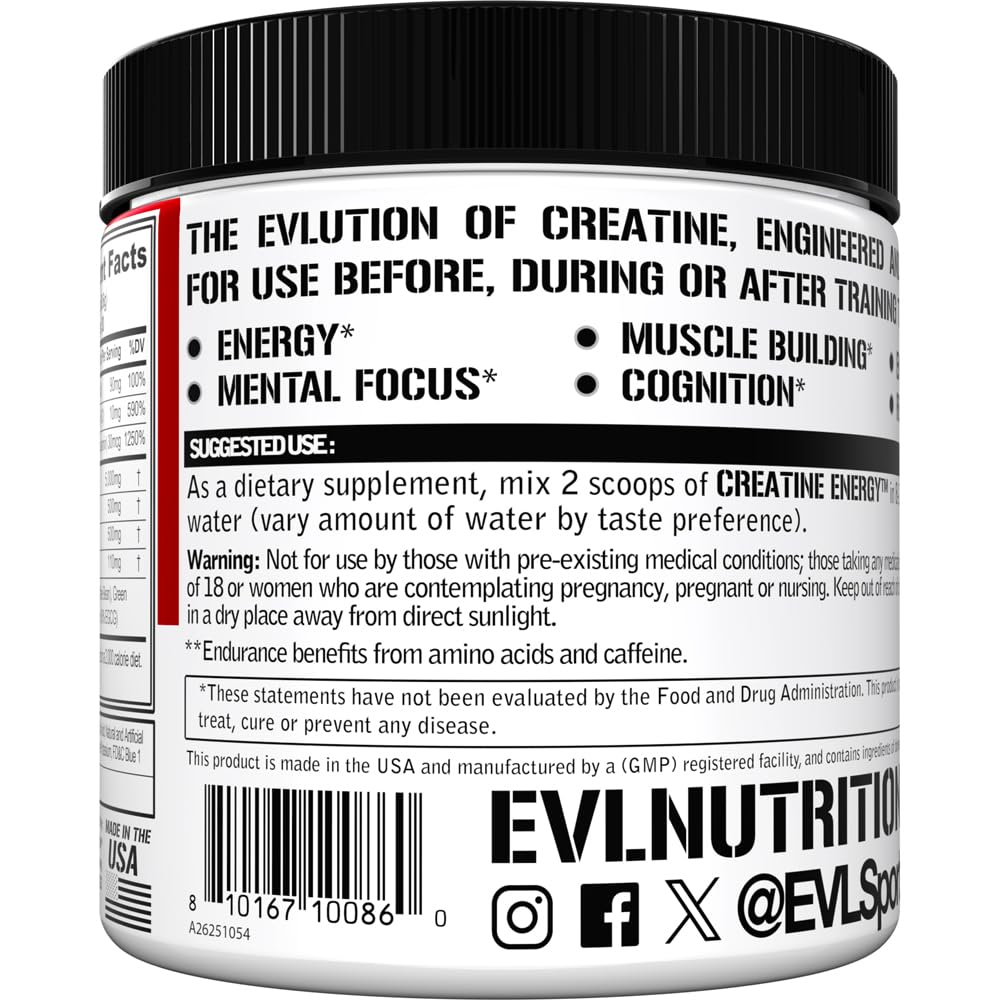 EVL Creatine Energy nutrition label shows 5 g creatine monohydrate per serving