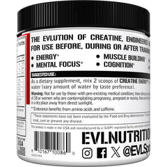 EVL Creatine Energy nutrition label shows 5 g creatine monohydrate per serving