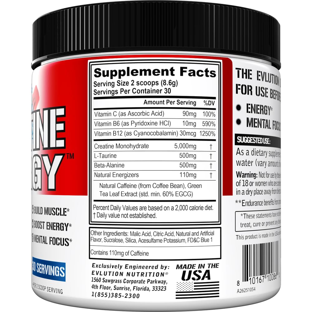 EVL Creatine Energy scoop beside glass of water for hydration