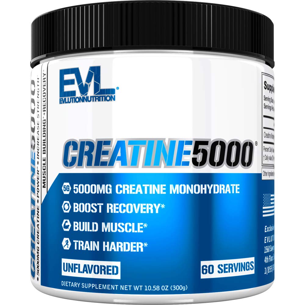 Evlution Creatine 5000 bottle label highlights purity for lean muscle support