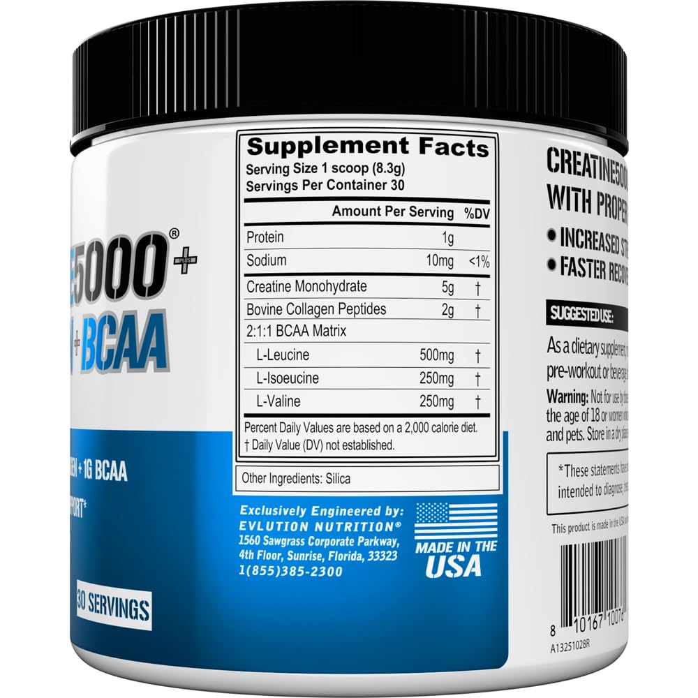 EVL Creatine 5000 + Collagen + BCAA jar label highlighting ingredients and benefits.