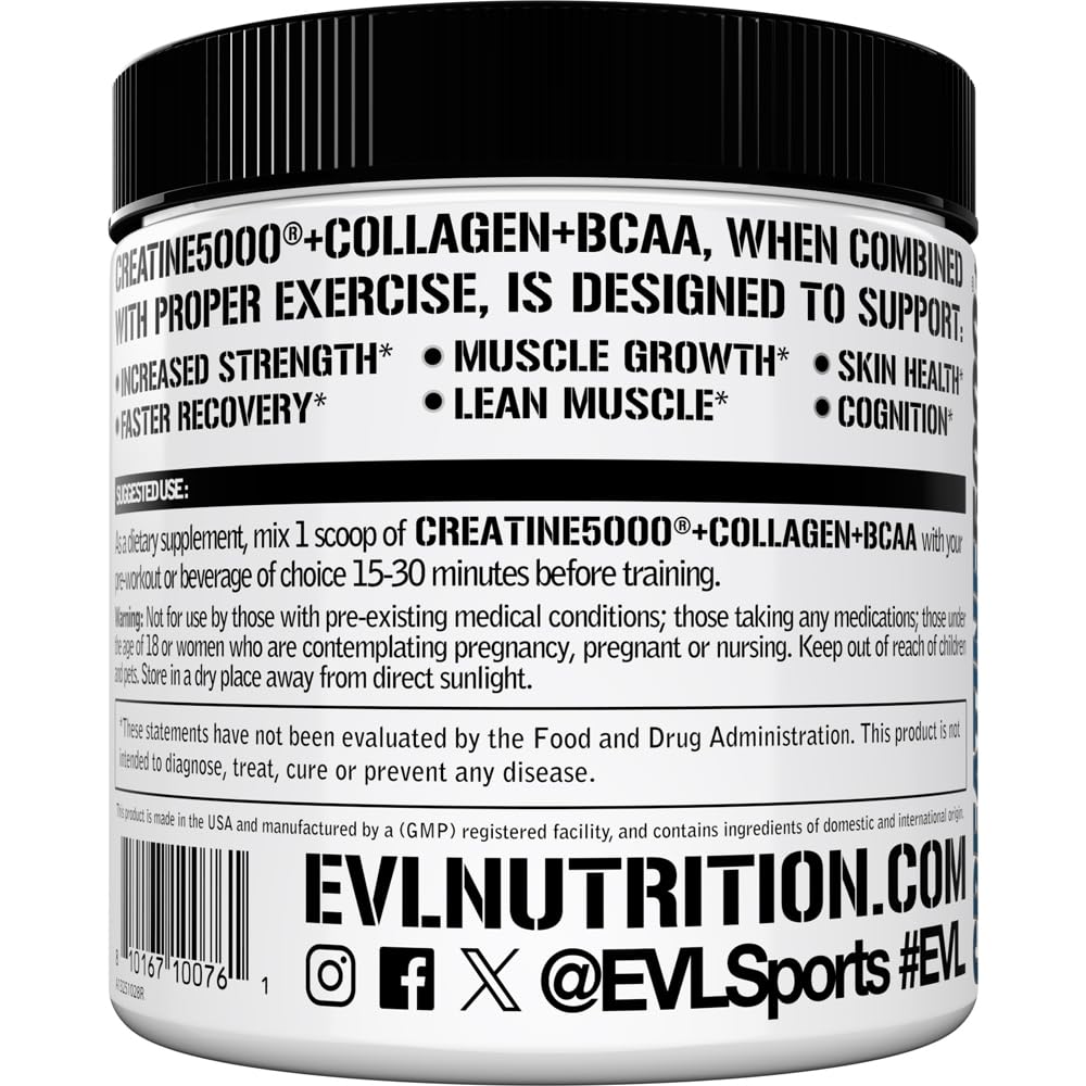 EVL Creatine 5000 + Collagen + BCAA mixing glass for pre-workout ritual.