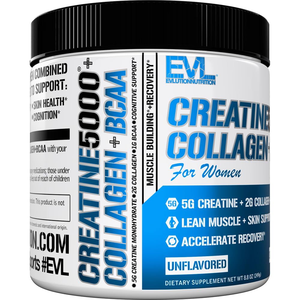 EVL Creatine 5000 + Collagen + BCAA bottle with easy-serving cap for daily use.