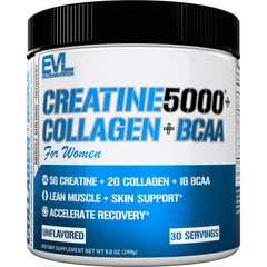 EVL Creatine 5000 + Collagen + BCAA powder in a jar, unflavored, for workouts and recovery.