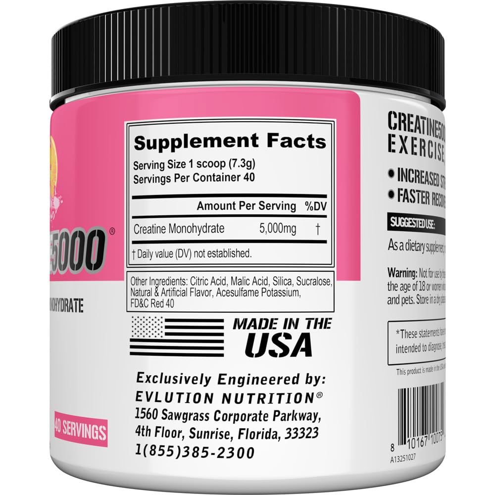 EVL Creatine5000 pink lemonade powder being mixed in a glass for post-workout recovery