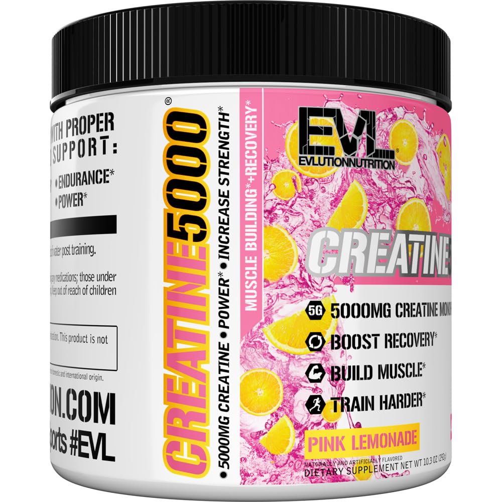 EVL Creatine5000 pink lemonade bottle highlighting clean ingredients and quality formulation
