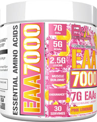 EVLUTION EAA7000 pink lemonade label close-up emphasizing 7g EAAs and 5g BCAAs