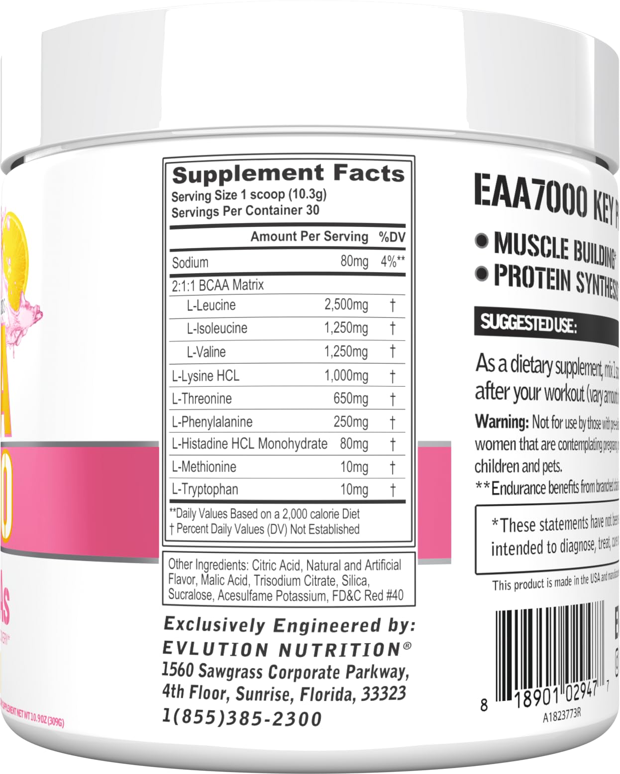 EVLUTION EAA7000 pink lemonade scoop measuring amino acid blend for pre or post workout