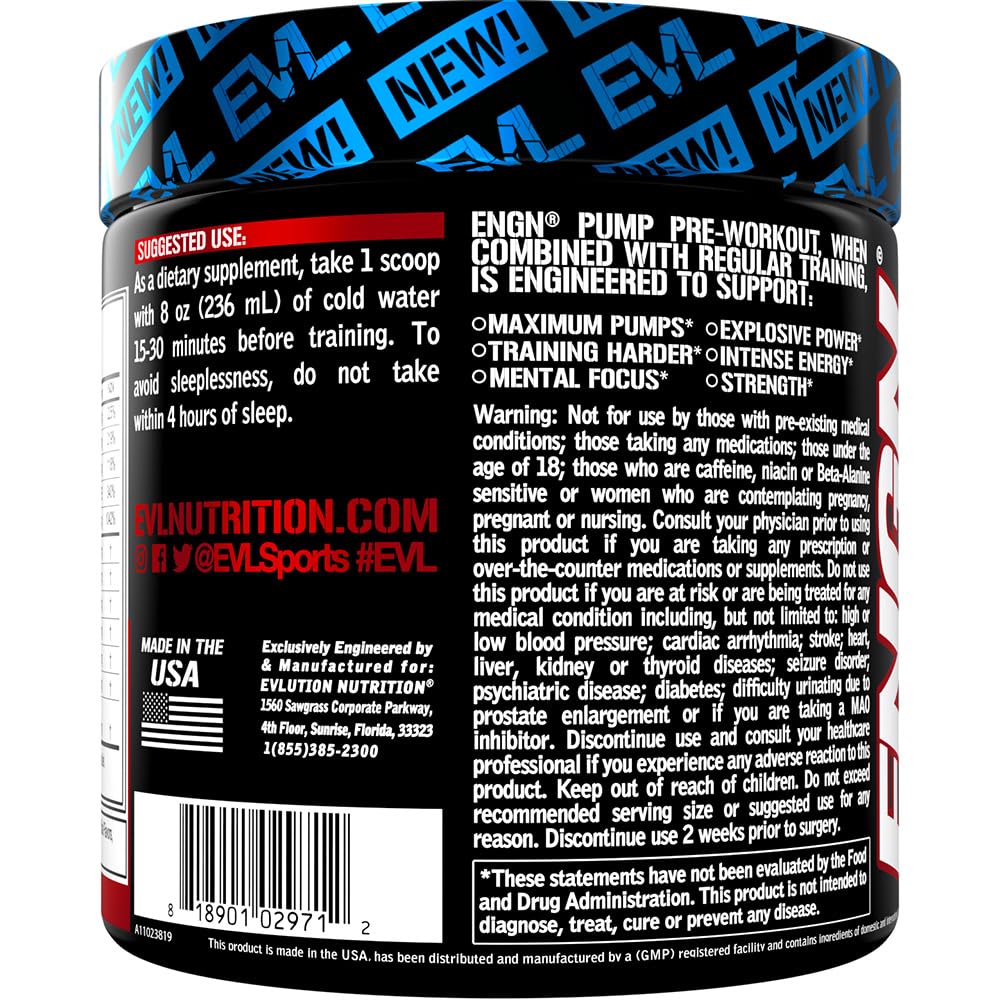 EVLUTION ENGN Pump label close-up highlighting nitric oxide and creatine blend