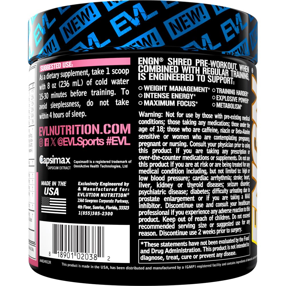 Evlution ENGN Shred ingredients panel highlights beta alanine and green tea extracts for focus