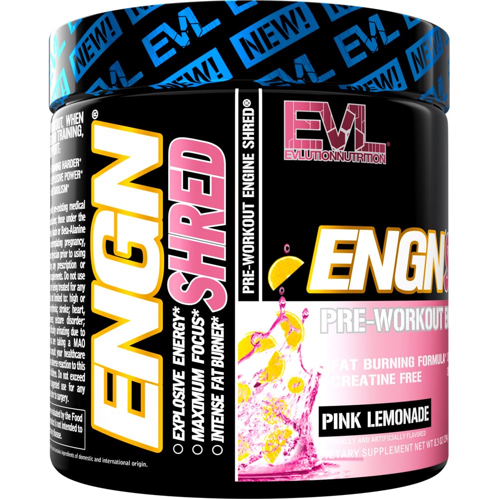 Evlution ENGN Shred preworkout dissolves in water for a refreshing pink lemonade flavor