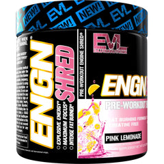 Evlution ENGN Shred preworkout dissolves in water for a refreshing pink lemonade flavor