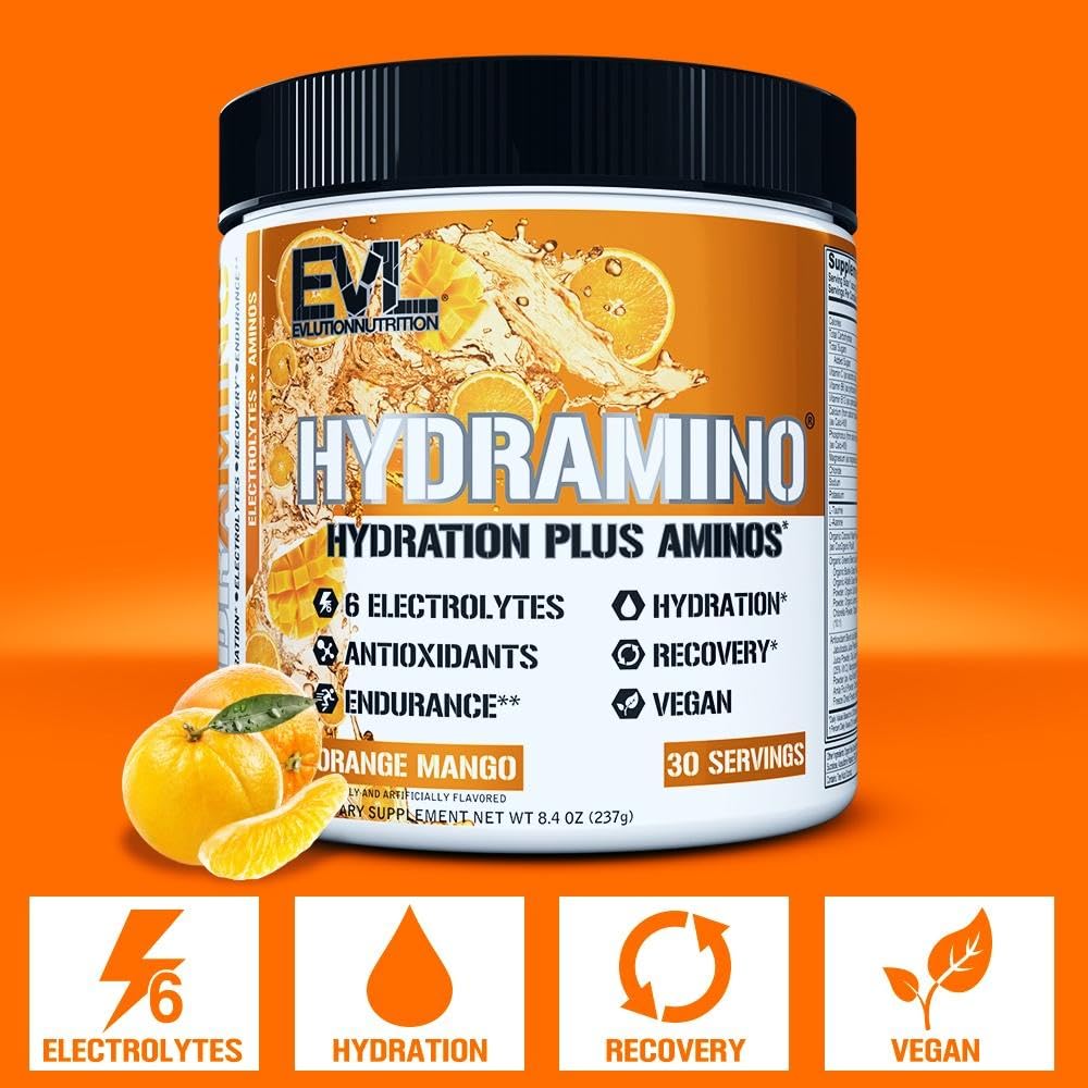 Evlution Hydramino bottle front highlighting complete hydration formula.
