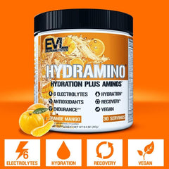 Evlution Hydramino bottle front highlighting complete hydration formula.