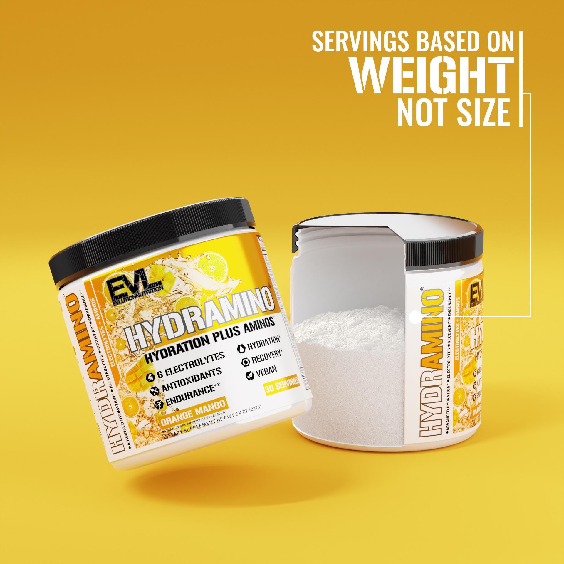 Evlution Hydramino ingredients featuring coconut water for natural electrolytes.