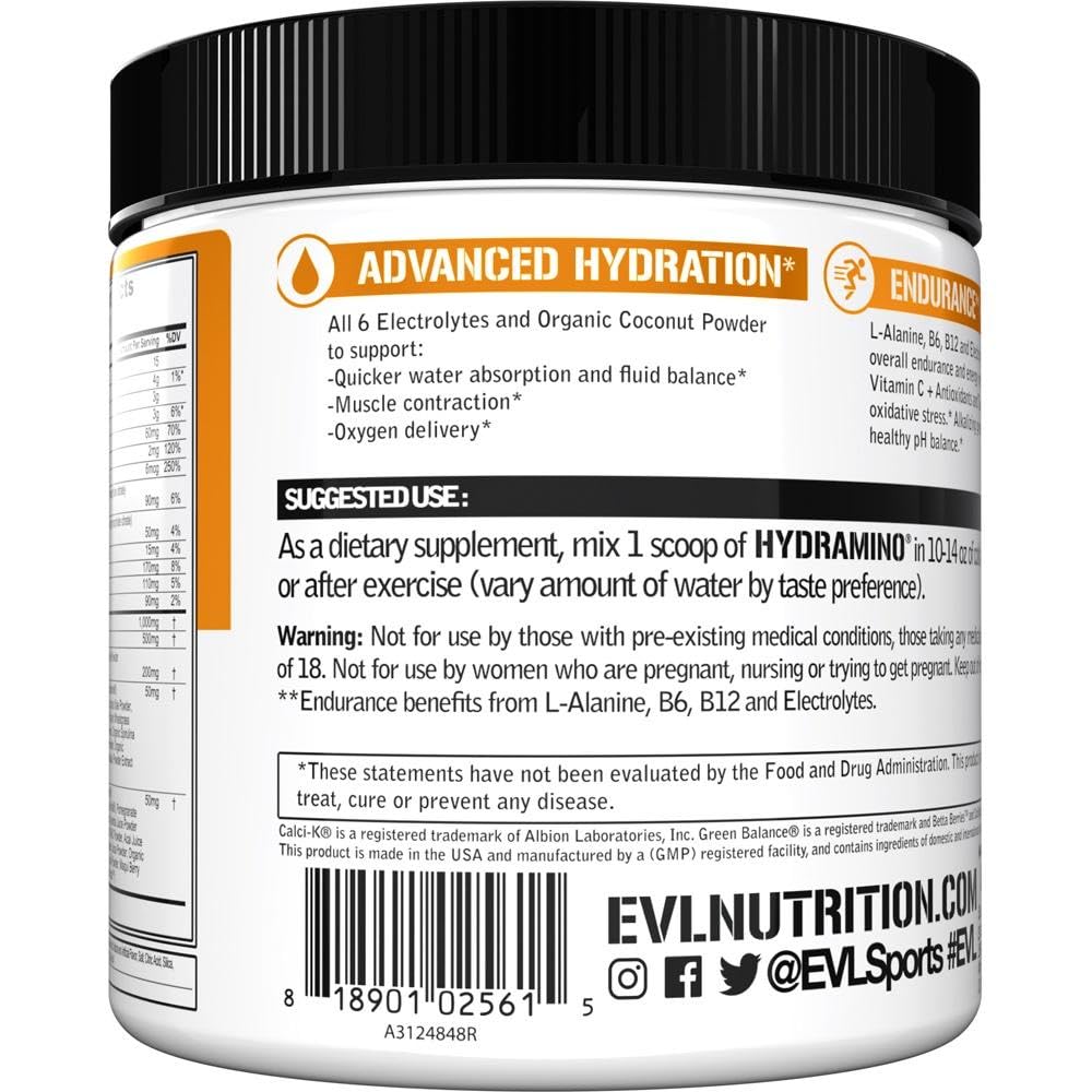 Evlution Hydramino label closeup showing vitamins and electrolytes.
