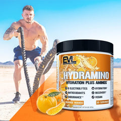 Evlution Hydramino powder scoop beside container for easy dosing.
