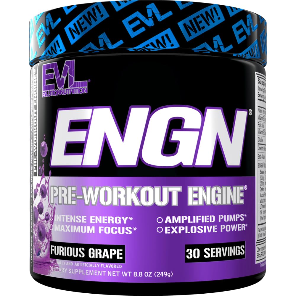 Evlution EVL Intense pre-workout bottle in Furious Grape flavor for sustained energy during training