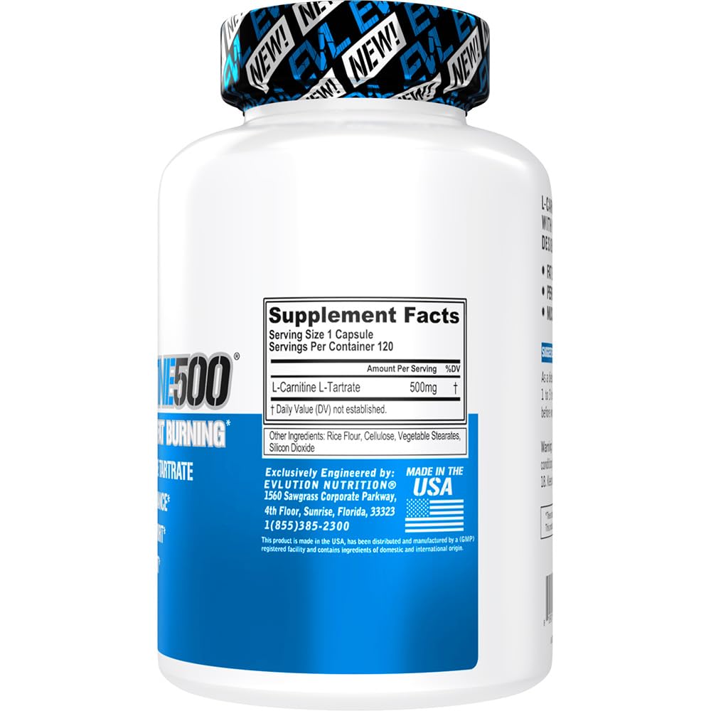 EVLution L-Carnitine 500mg capsules-closeup with clear ingredient declaration