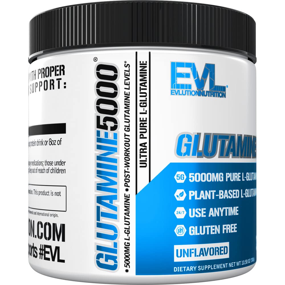 Evlution L-Glutamine powder label close-up highlights vegan sourcing.